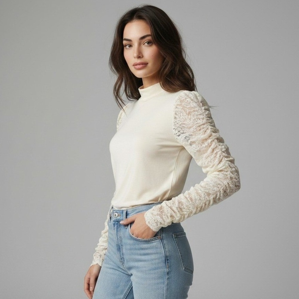 Maeve Anthropologie Ivory Mock Neck Lace Puff Sleeve Top Blouse Large NWT